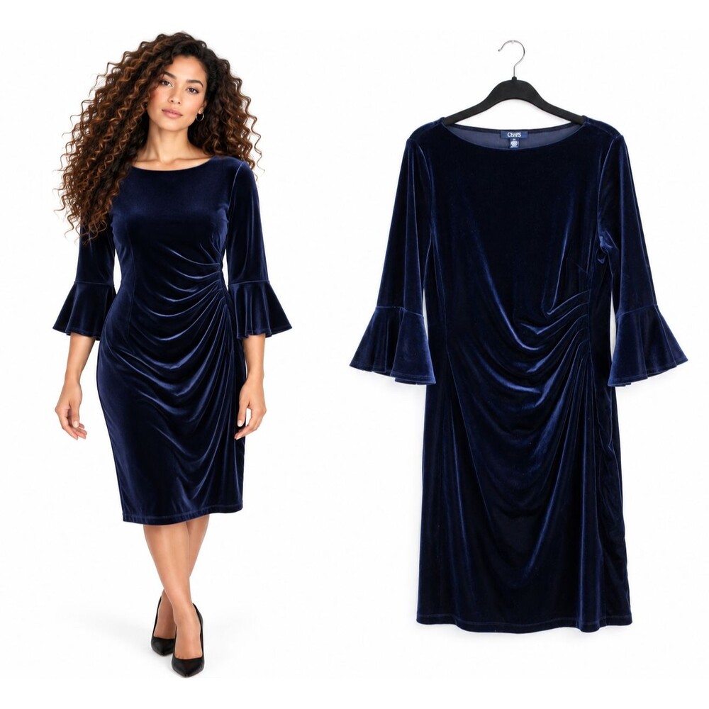 Chaps Velvet Sheath Dress Size Large Ruched Side Bell Sleeve Cocktail Navy Blue